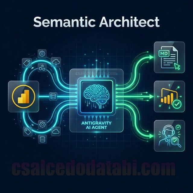 Diagrama de arquitectura del Antigravity AI Agent mostrando el flujo de automatización desde metadatos Power BI hasta modelo semántico completo vía MCP