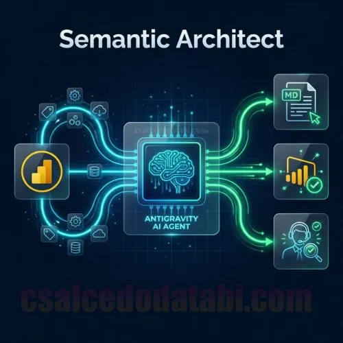 Diagrama de arquitectura del Antigravity AI Agent mostrando el flujo de automatización desde metadatos Power BI hasta modelo semántico completo vía MCP